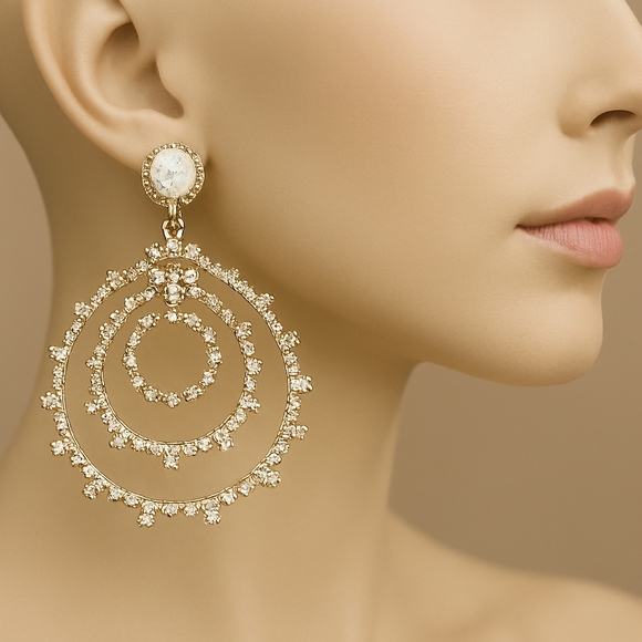 Gold-tone Multiple Hoops Sparkling Crystal Bling Drop Dangle Earrings - Women - Picture 1 of 8